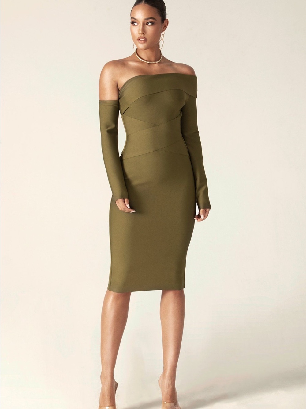 ALIEVA Shiva Off-Shoulder Bandage Midi Dress in Olive Green